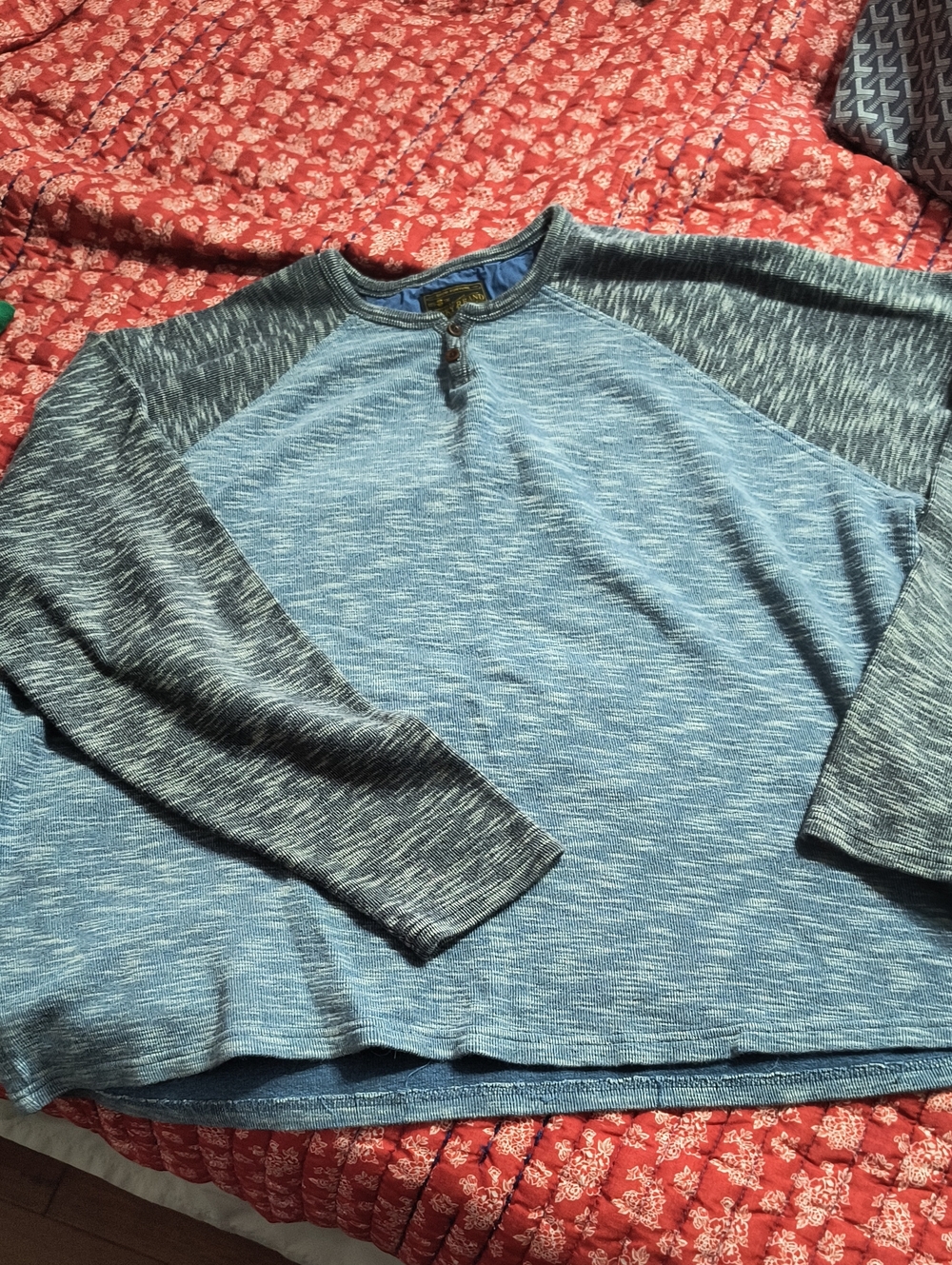 Lucky Brand Two-Tone Blue Heather Raglan Henley Sweater